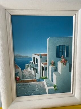 COASTAL MEDITERRANEAN MYKONOS GREECE CHARLES REDMOND BENOLT FRAMED OIL ON CANVAS